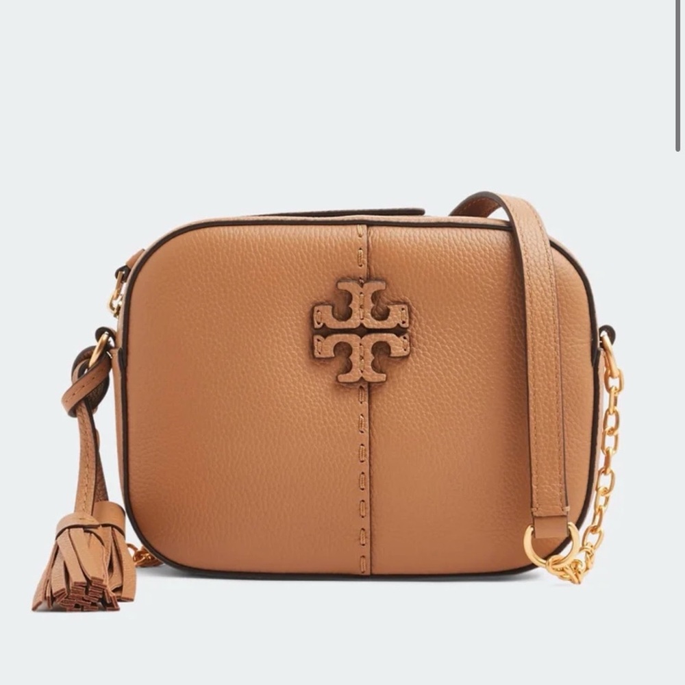 Tory Burch Camel Leather Logo Crossbody with Gold Chain